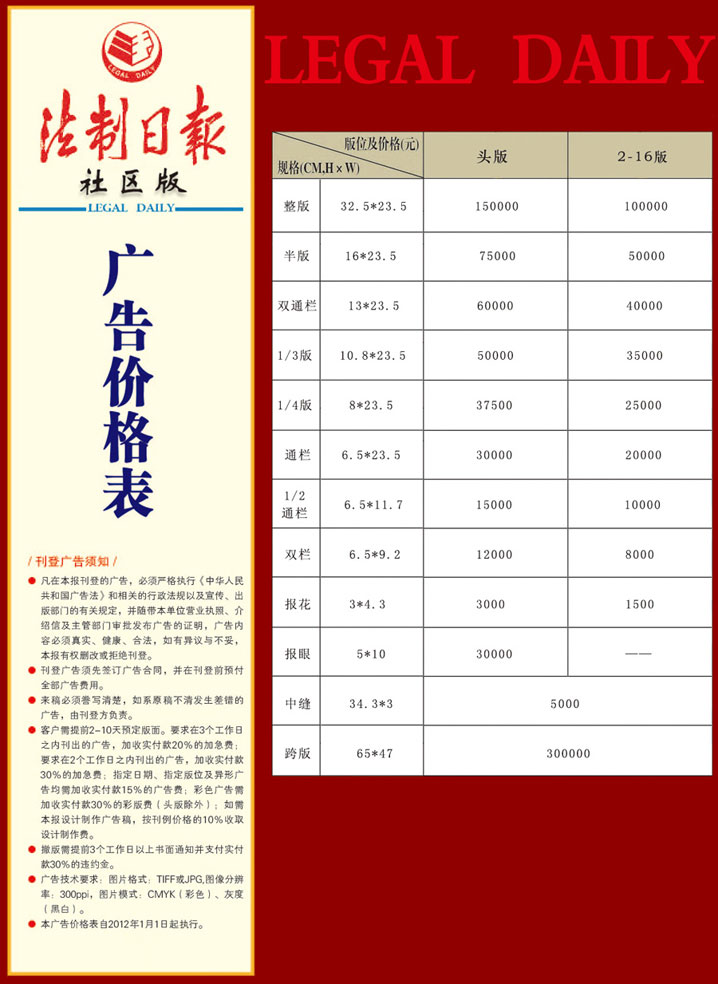 法制日報廣告投放價格表