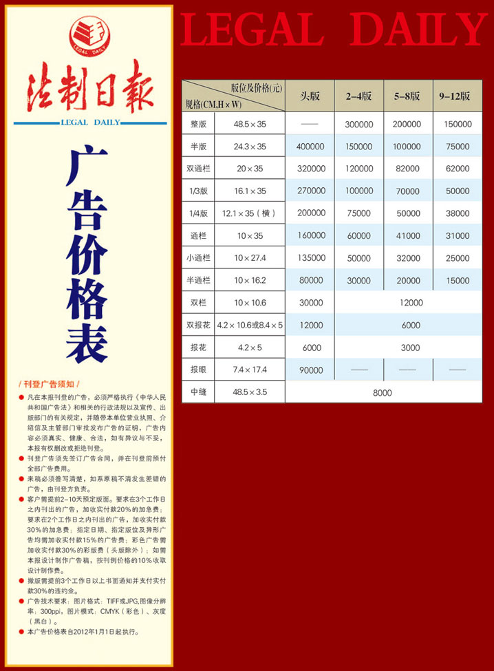 法制日報廣告投放價格表