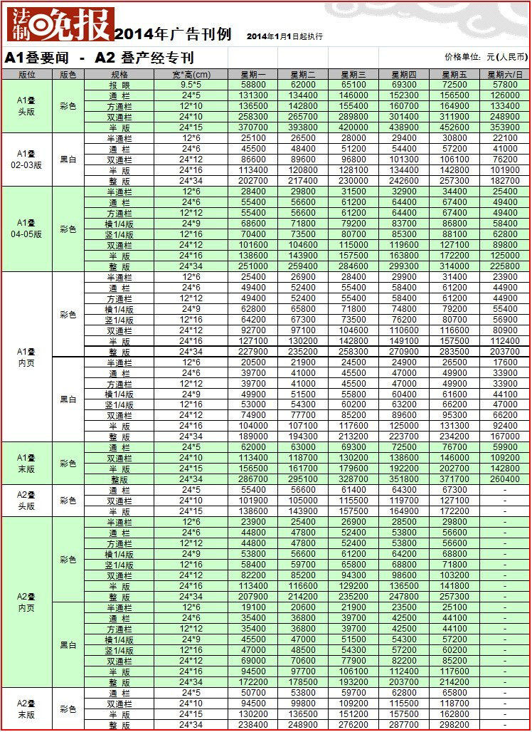 法制晚報廣告刊例